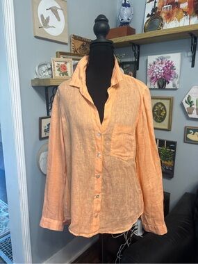 Bella Dahl 100% linen pocket button down shirt peach orange Beachy USA sz S